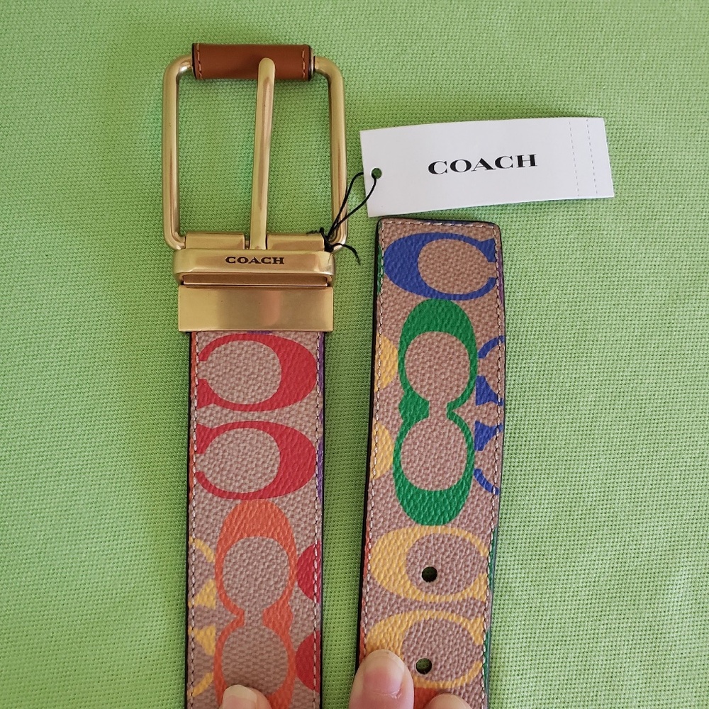 COACH ROLLER BUCKLE CUT-TO-SIZE REVERSIBLE BELT RAINBOW SIGNATURE:NWT PRIDE - Picture 8 of 9